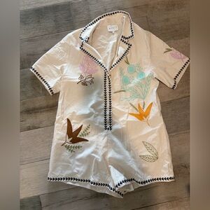 MABLE Cream Lightweight Romper with Navy Trim